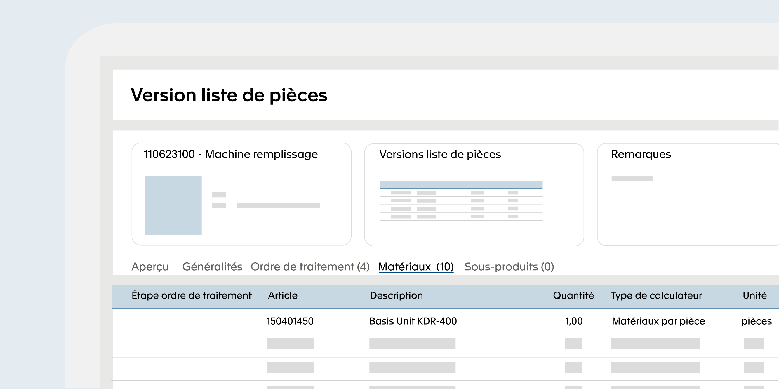Gestion des articles avec listes de pièces