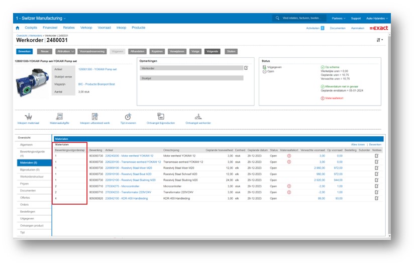 Bewerkingsbon in Exact Online Productie