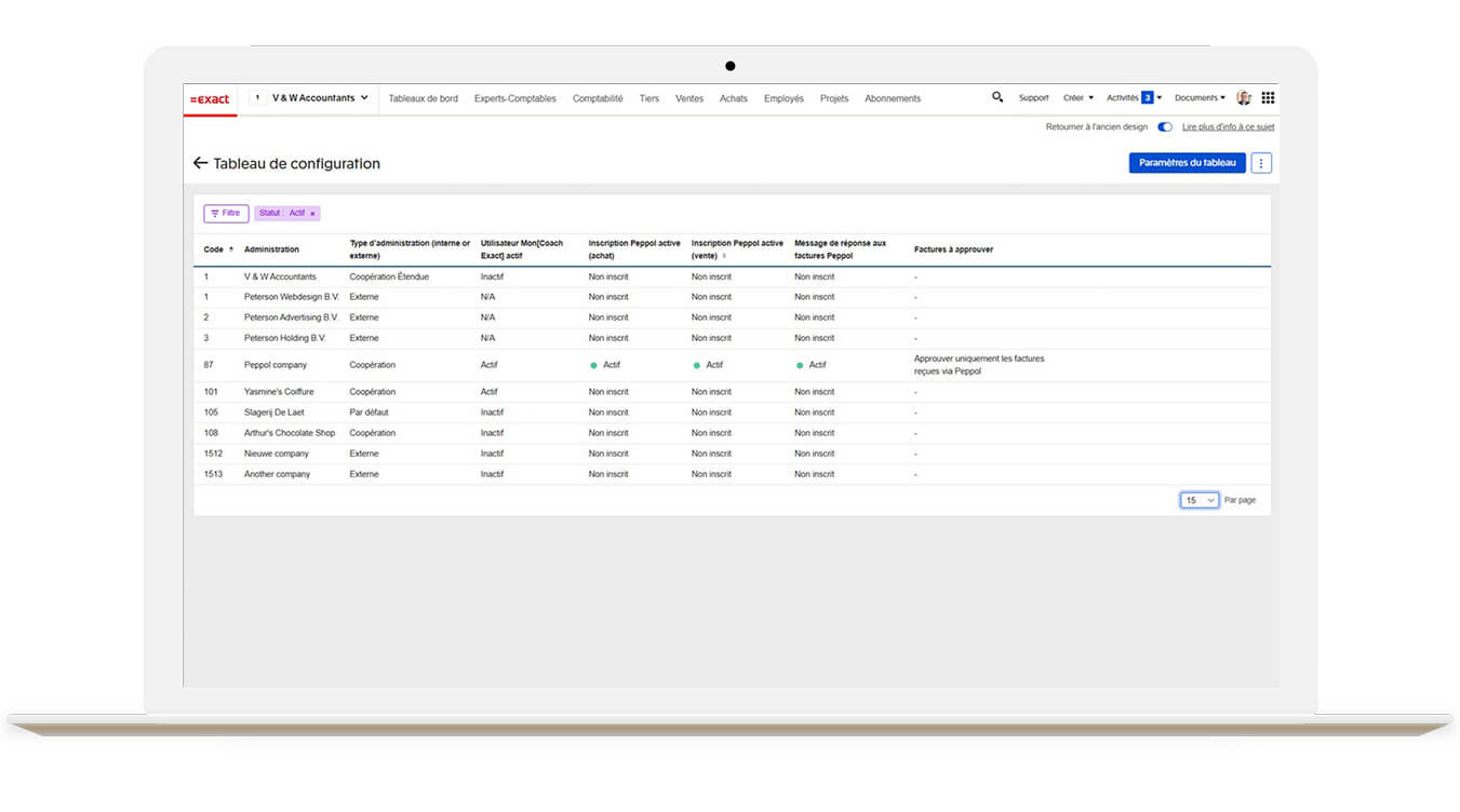 tableau de configuration