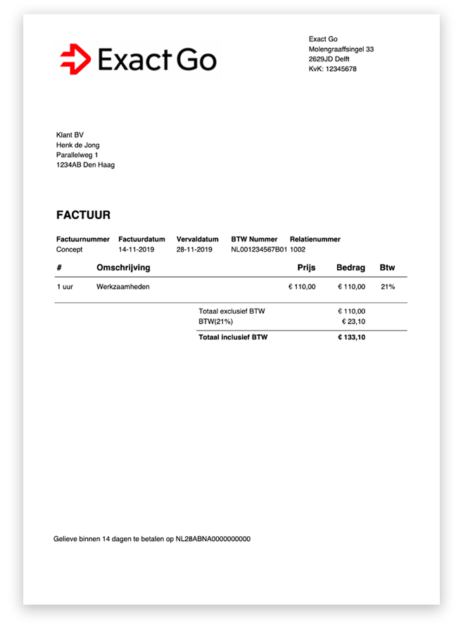 Factuur maken voorbeeld Exact Go